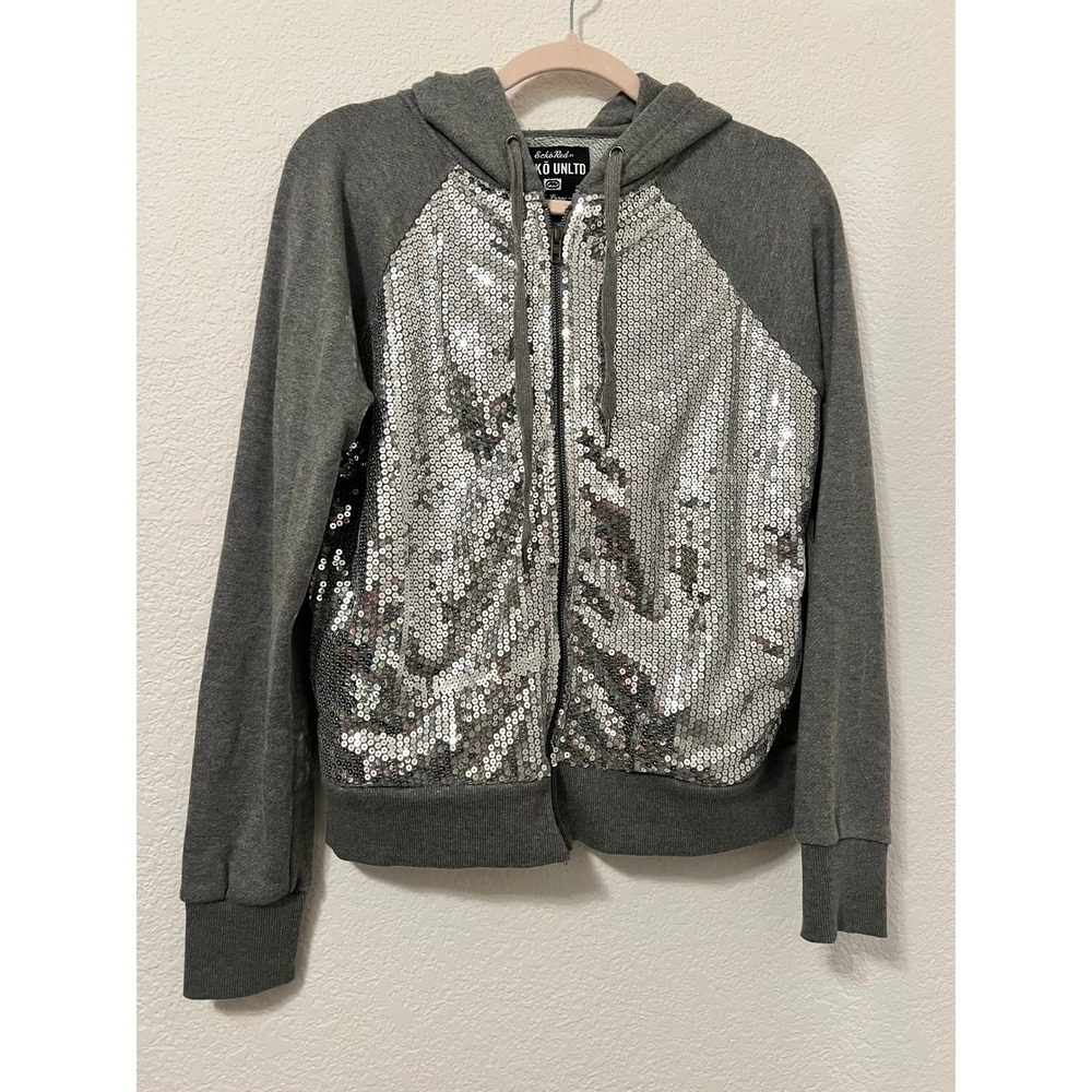 Ecko Red Ecko Unltd Womens XL Grey Sequin Full Zip Hoodie Sweatshirt Y2K Sparkle
